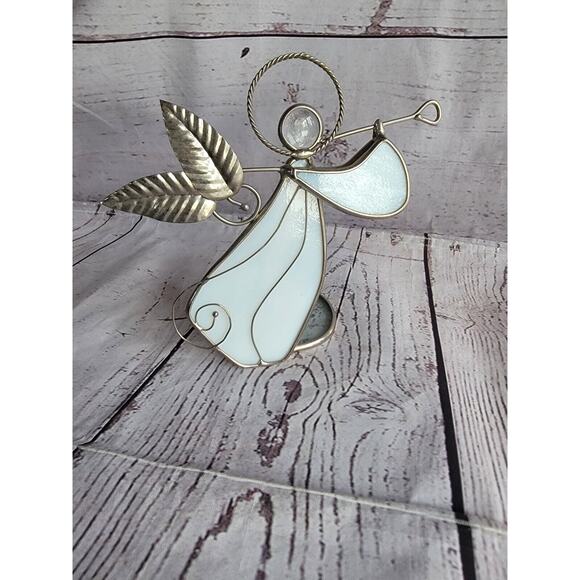 White Stained Glass Angel Votive Holder Playing Trumpet Horn - Picture 1 of 7